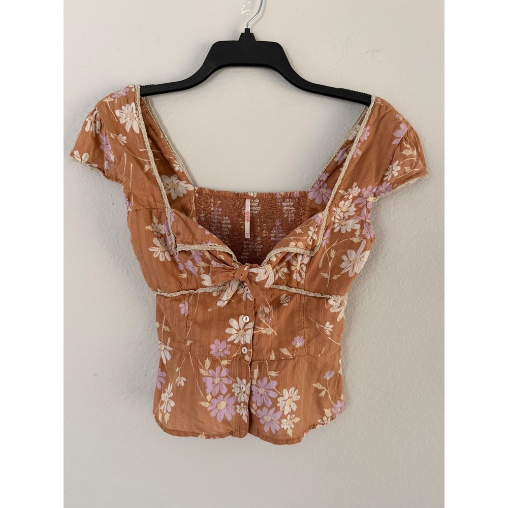 Free People Floral Smocked Back Tie Front Lace Trim Cotton Top Terracotta XS